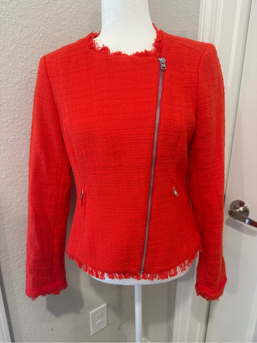 J. Crew Bright Red Frayed Tweed Moto Zip Jacket Sz 6T